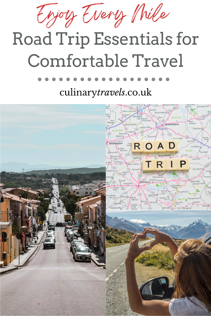 Collage showing road trip planning map, scenic town street and traveller enjoying a roadside viewpoint